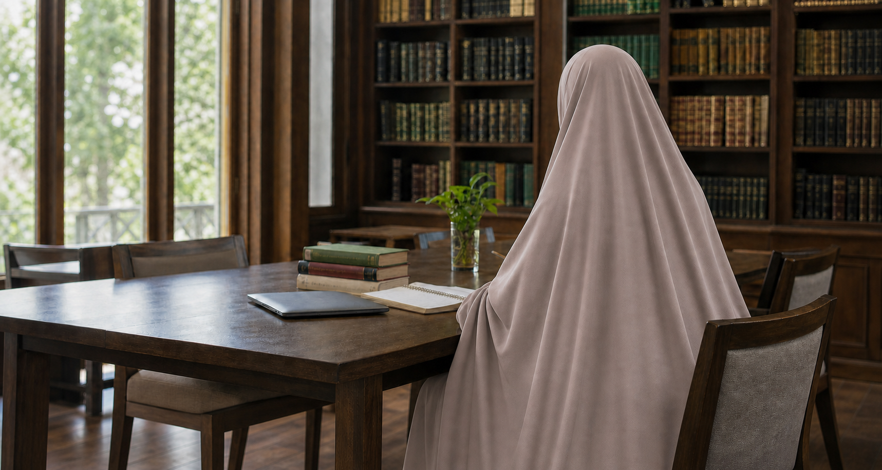 Seorang muslimah dewasa tampak dari belakang sedang belajar di perpustakaan dengan khimar rose-taupe yang sangat panjang, lebar, dan longgar