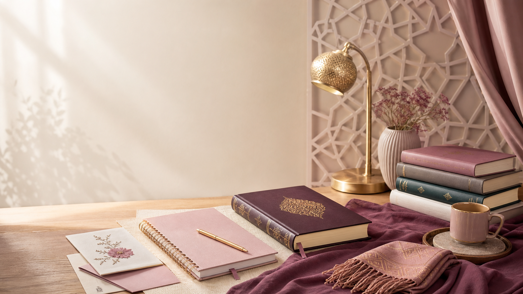 Sudut belajar muslimah dengan mushaf tertutup, jurnal, buku, kain plum, lampu hangat, dan pola geometri Islami tanpa figur makhluk bernyawa