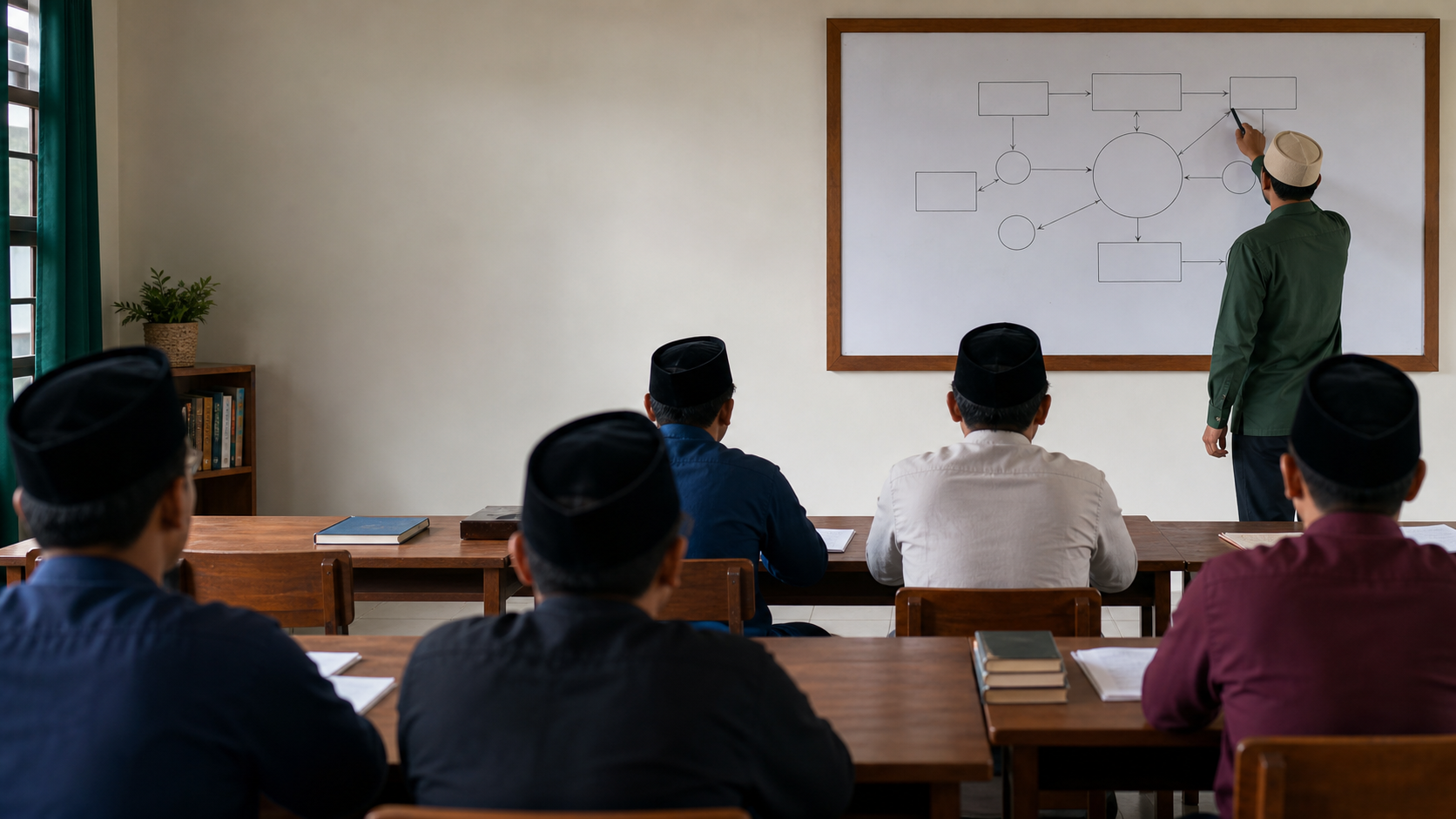 Guru ikhwan dan peserta kelas tampak dari belakang saat mempelajari diagram pengembangan sekolah