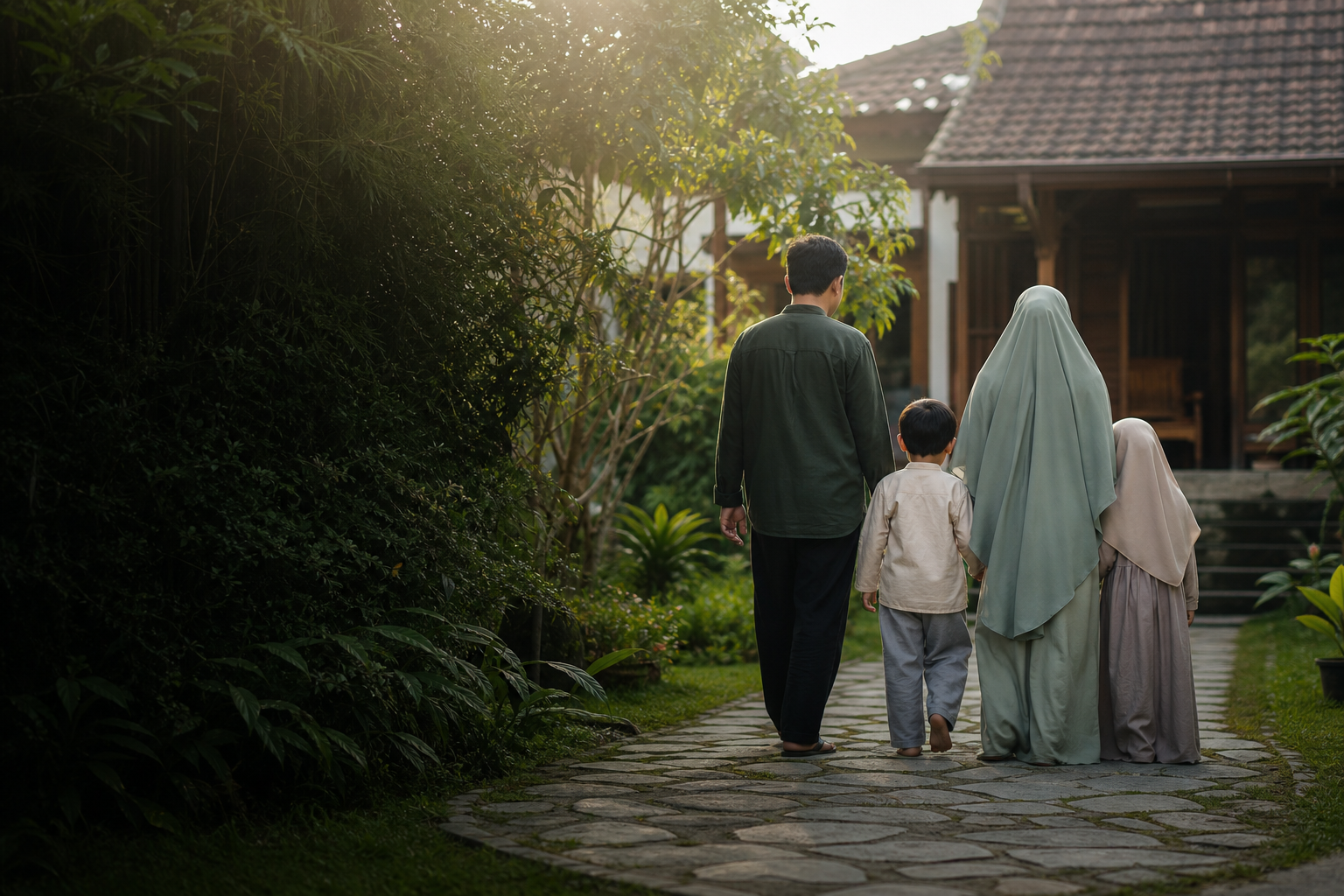 Keluarga Muslim terdiri dari ayah, ibu, dan dua anak berjalan bersama menuju rumah, seluruhnya tampak dari belakang