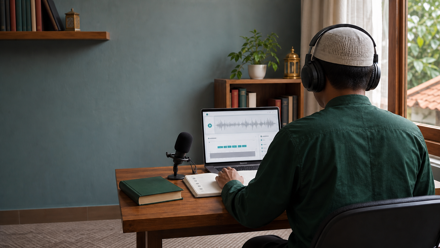 Guru ikhwan tampak dari belakang mengikuti talaqqi daring melalui audio dan materi pembelajaran tanpa tampilan wajah