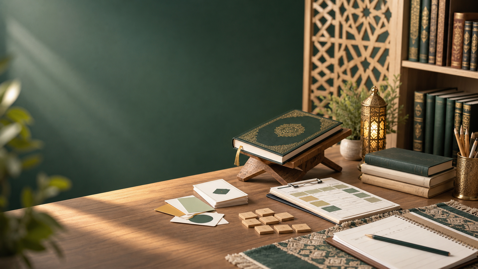 Meja belajar guru Al-Qur'an dengan mushaf tertutup, kitab, catatan lesson plan, kartu geometri, dan alat tulis tanpa figur makhluk bernyawa