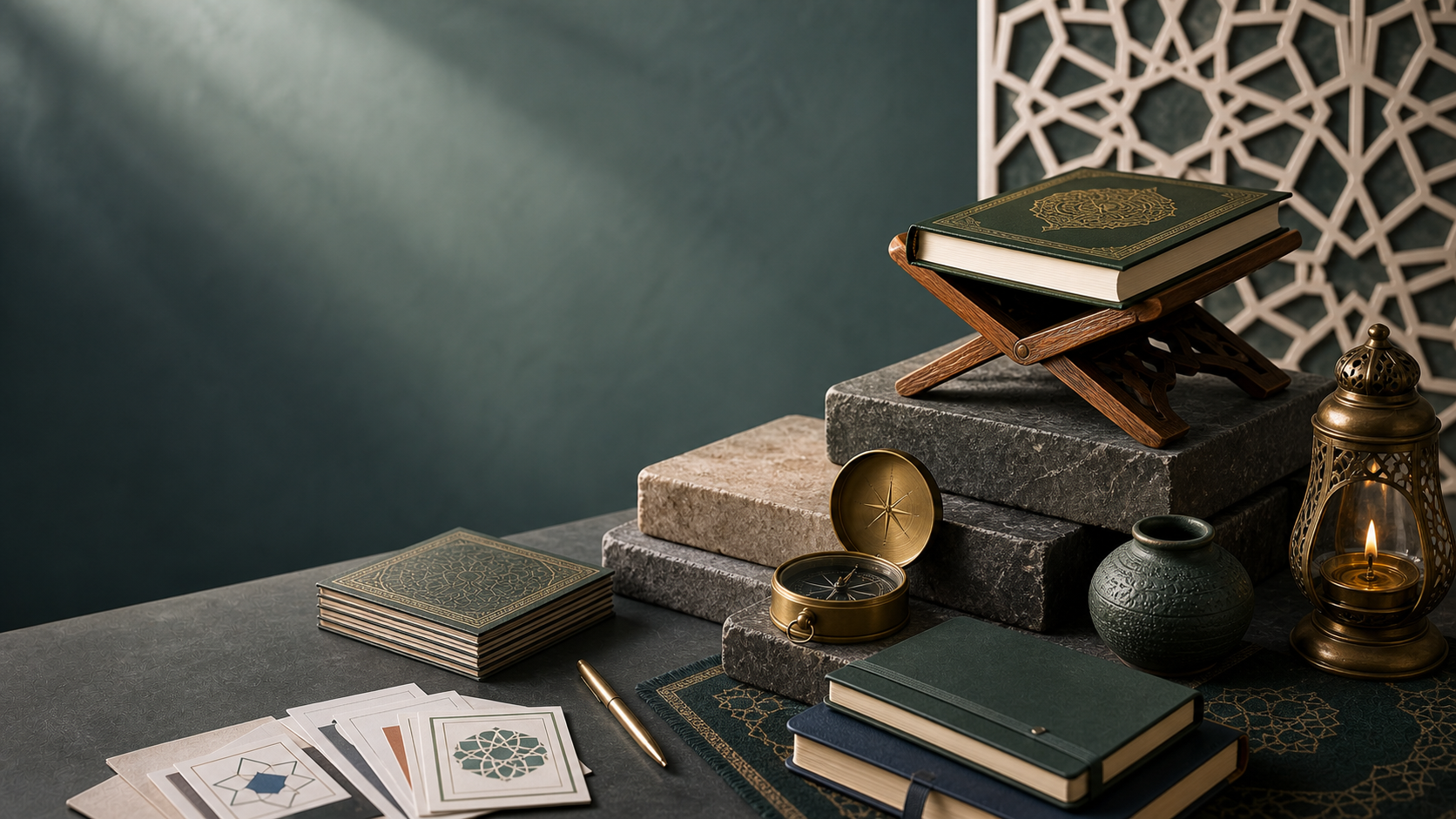 Still-life fondasi belajar Islam berisi mushaf tertutup, batu dasar, kompas, lampu, buku, dan pola geometri tanpa figur makhluk bernyawa